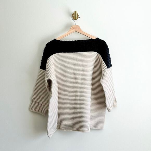 KOKUN Wool-Cashmere Colorblock Ribbed Sweater Cream Black XL NEW - Picture 2 of 5